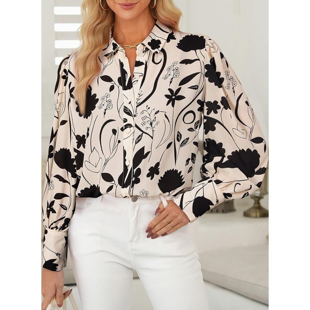 Women's Long Sleeve Button Down Blouse Polyester Floral Plus Size - Picture 2 of 6